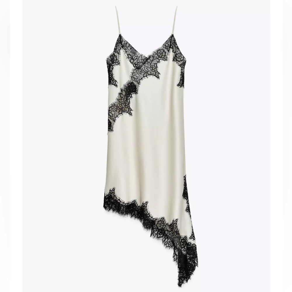 Zara Ivory Slip Dress with Black Lace Asymmetrical Hem
